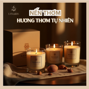 Bộ set quà nến luxury Oud xạ hương gỗ đàn hương cao cấp, đặt trên bàn sang trọng với ánh sáng vàng dịu.